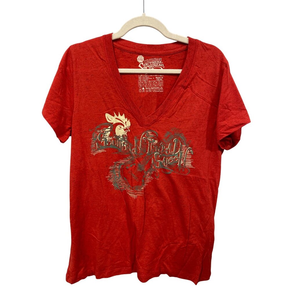 Southern Thread V Neck Shirt Sleeve Graphic Tee Women XXL Red Speckled Essential